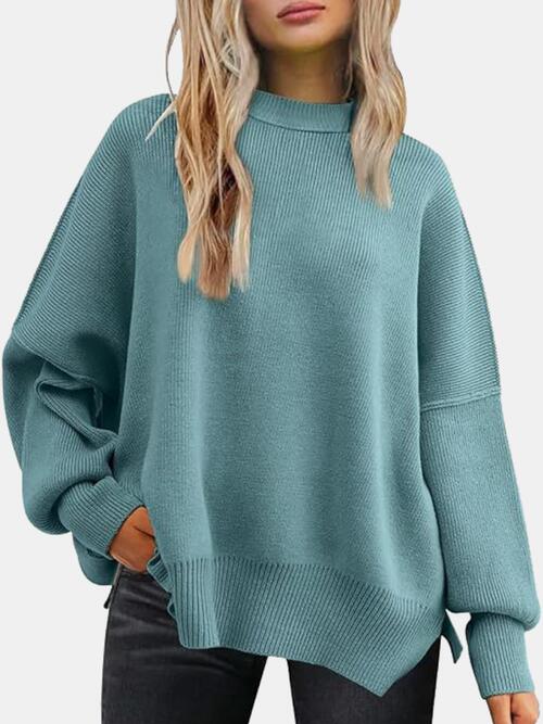 Round Neck Drop Shoulder Slit Sweater (BFD) T - Deals DejaVu