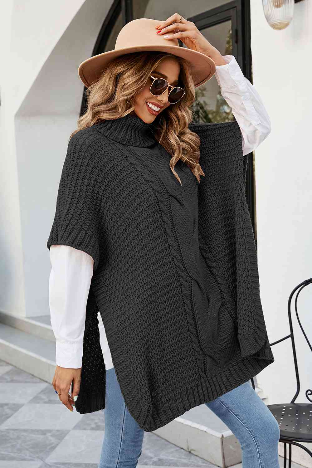 Cable-Knit Turtleneck Slit Sweater - Deals DejaVu