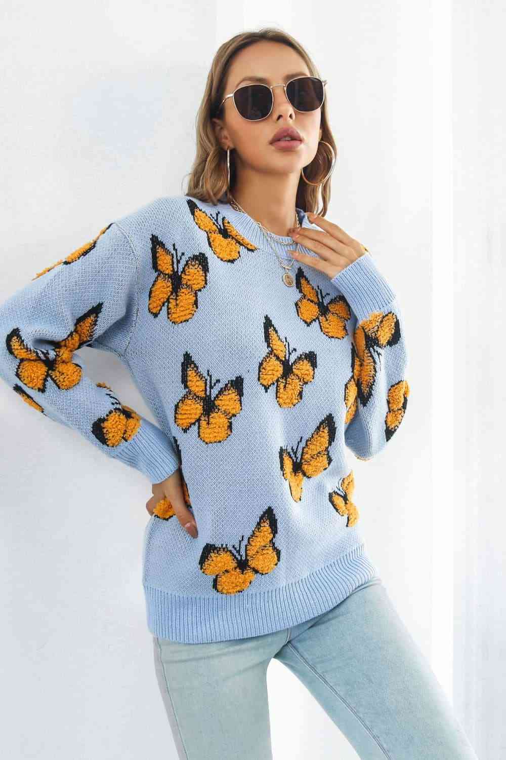 Butterfly Pattern Round Neck Dropped Shoulder Sweater - Deals DejaVu