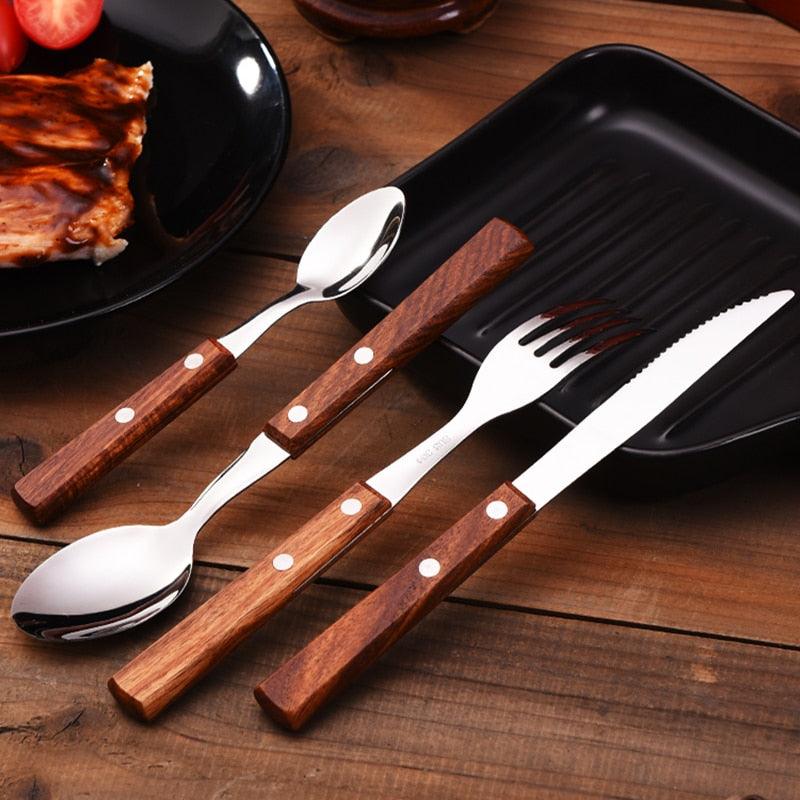 4PCS Tableware 304 Stainless Steel Tableware Western Food Dinner Home Solid Wood Handle Knife Fork Spoon Set (D61)(AK6)