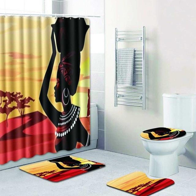 4Pcs Bathroom Suit African Girl Waterproof Toilet Cover Rug Mat Set Flannel Bathroom Shower Curtain (B&2)(B&4)(1U65)(F65)