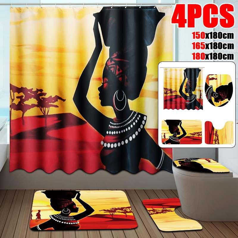 4Pcs Bathroom Suit African Girl Waterproof Toilet Cover Rug Mat Set Flannel Bathroom Shower Curtain (B&2)(B&4)(1U65)(F65)
