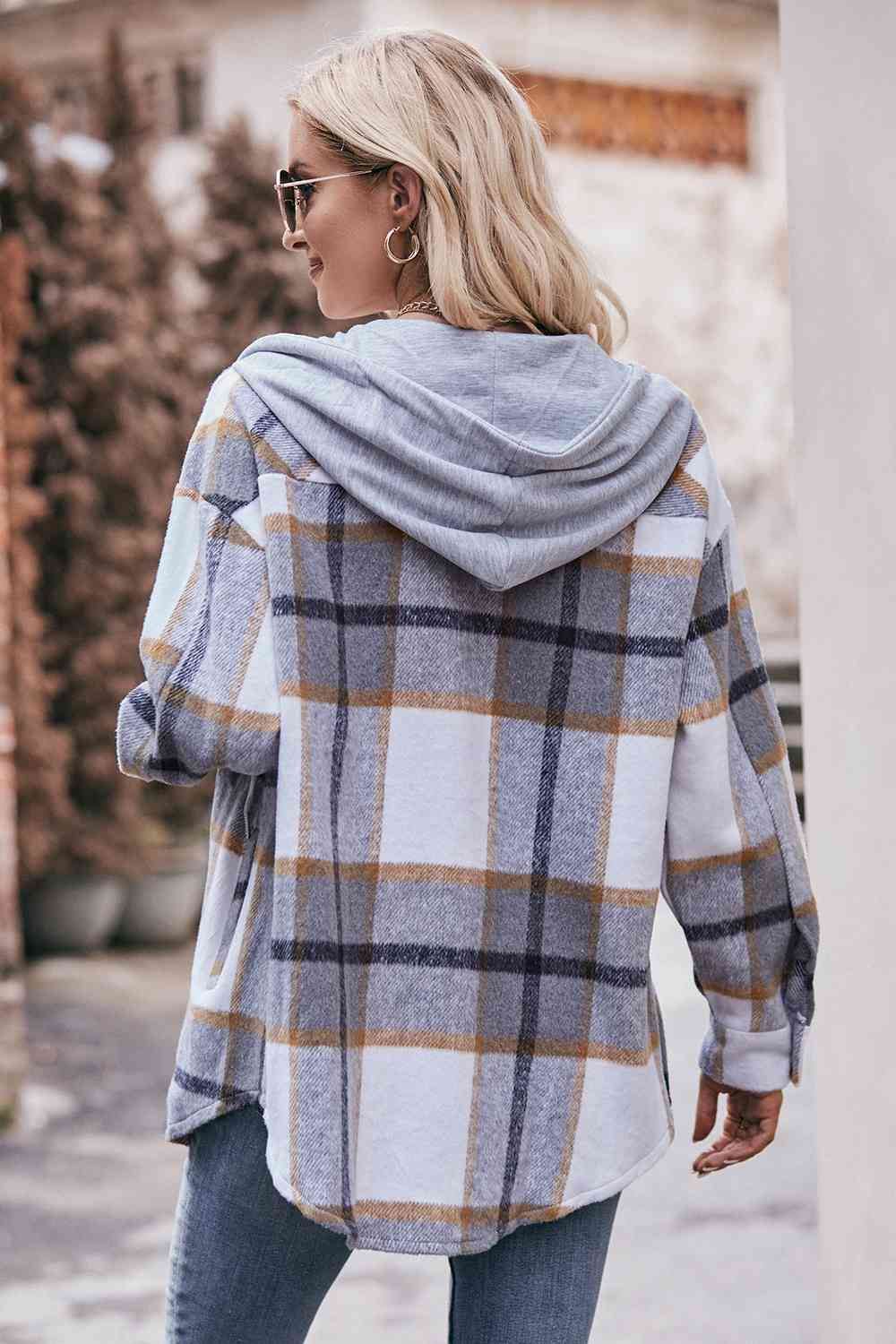 Plaid Dropped Shoulder Hooded Jacket (BFD) T - Deals DejaVu