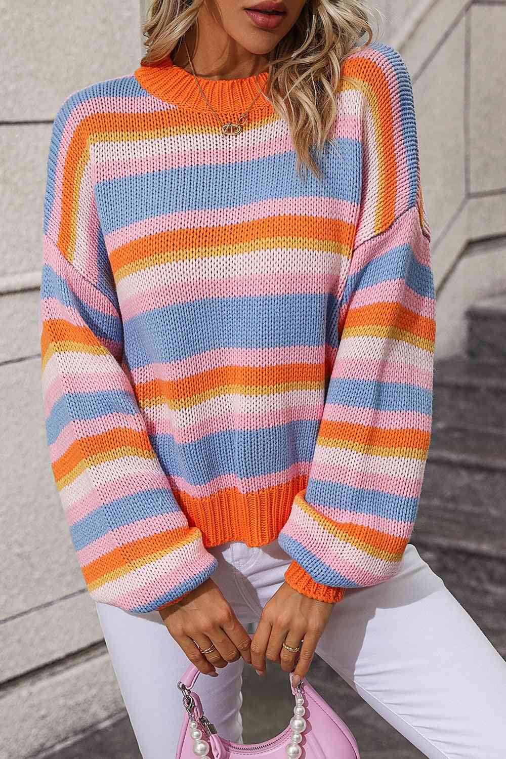 Striped Round Neck Dropped Shoulder Sweater - Deals DejaVu