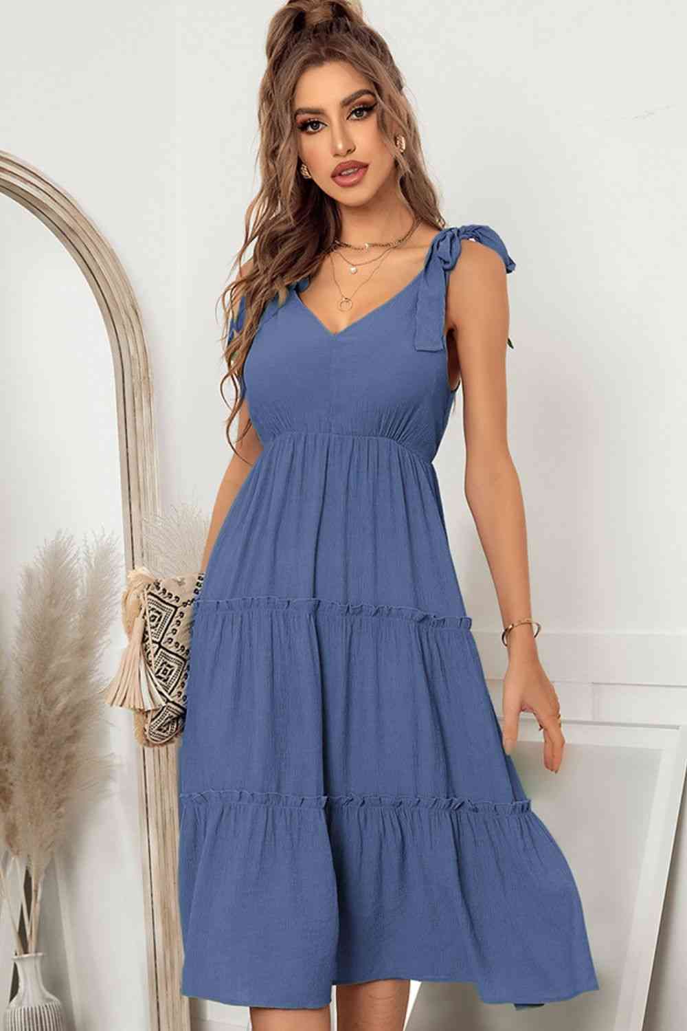 Tie Shoulder V-Neck Tiered Dress (MWBT) T - Deals DejaVu