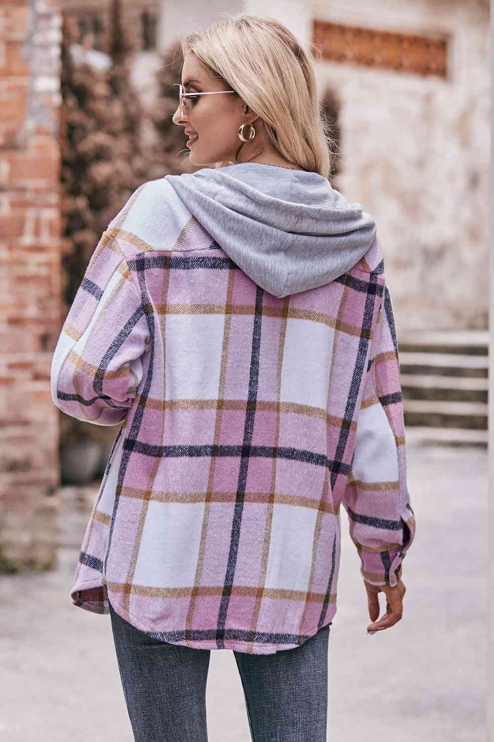 Plaid Dropped Shoulder Hooded Jacket (BFD) T - Deals DejaVu