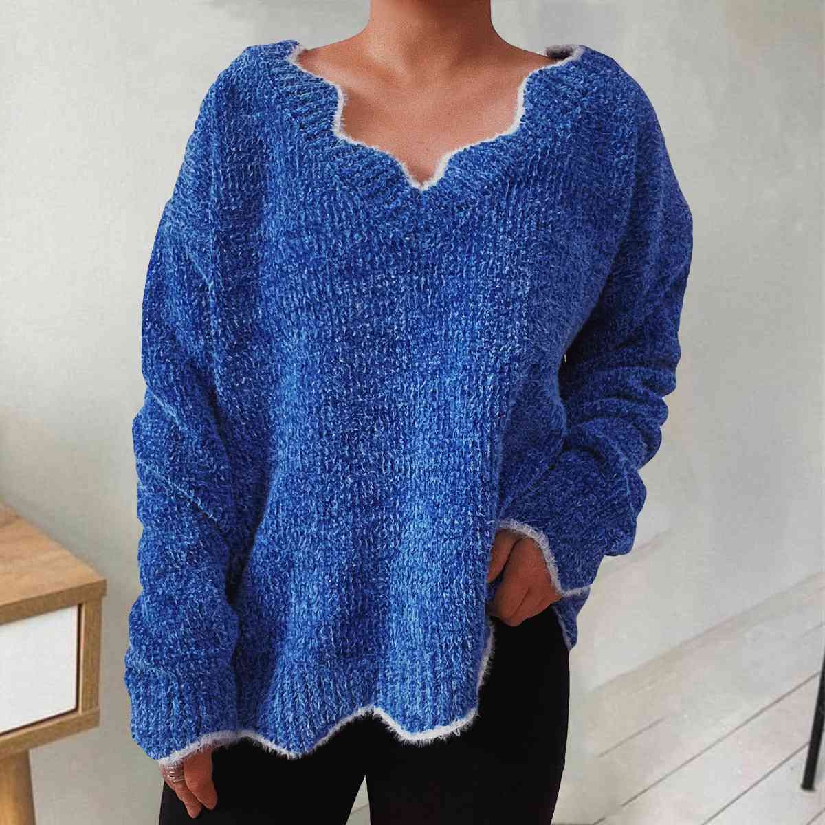 V-Neck Drop Shoulder Long Sleeve Sweater - Deals DejaVu