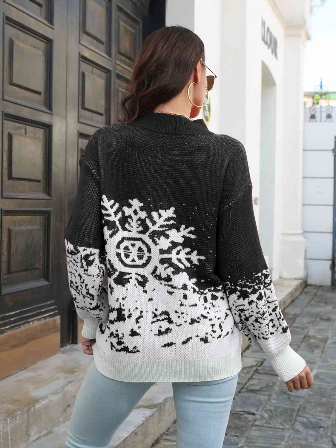 Snowflake Pattern Mock Neck Sweater - Deals DejaVu