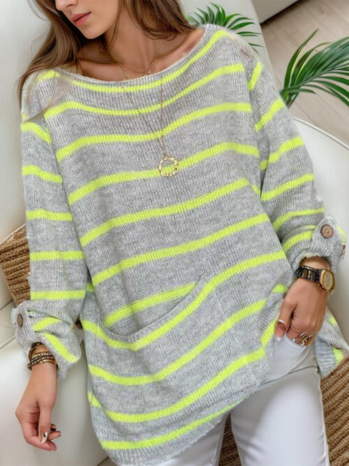 Striped Buttoned Long Sleeve Sweater with Pocket - Deals DejaVu