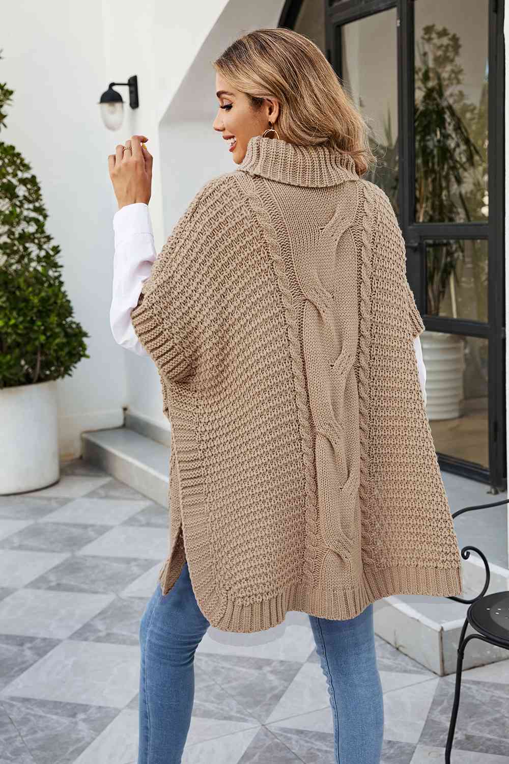 Cable-Knit Turtleneck Slit Sweater - Deals DejaVu