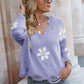 Flower Distressed Long Sleeve Sweater - Deals DejaVu