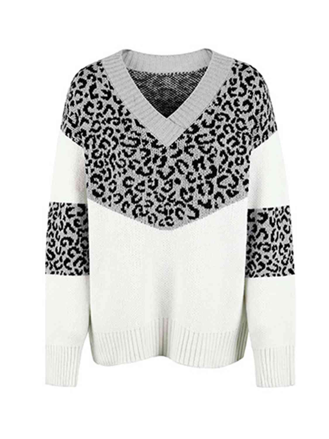 Leopard V-Neck Dropped Shoulder Sweater - Deals DejaVu