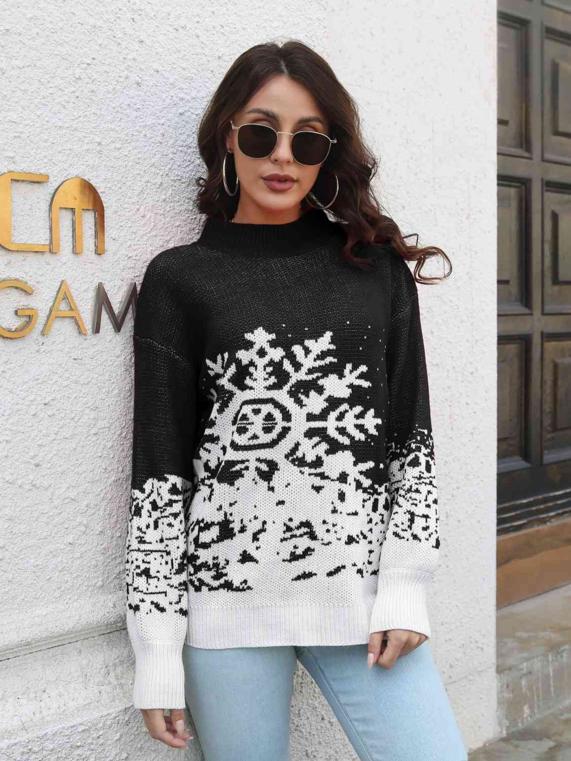 Snowflake Pattern Mock Neck Sweater - Deals DejaVu