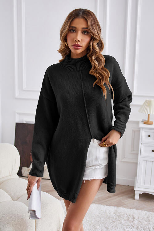 Exposed Seam Mock Neck Slit Sweater - Deals DejaVu