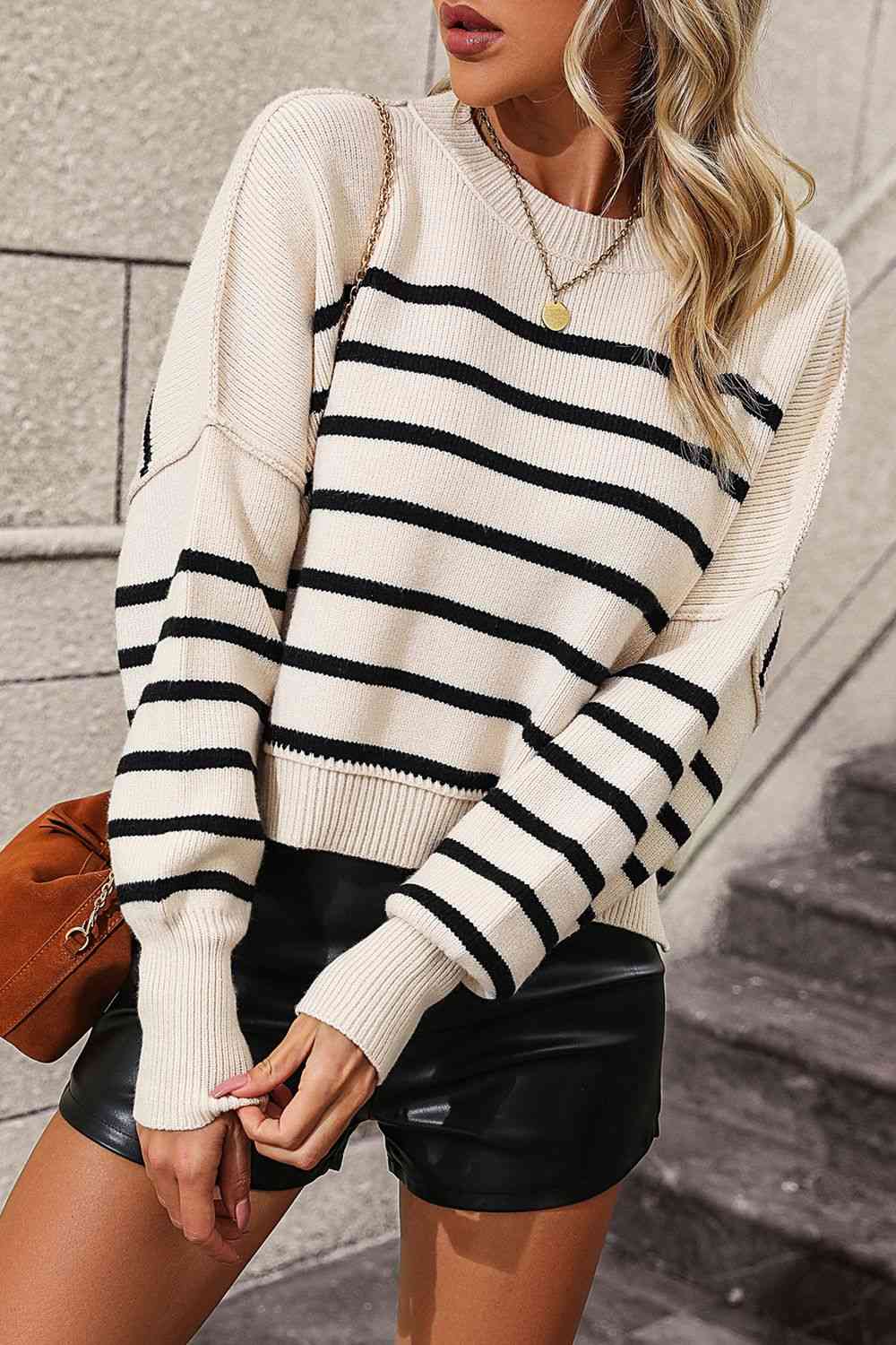 Striped Dropped Shoulder Round Neck Pullover Sweater - Deals DejaVu