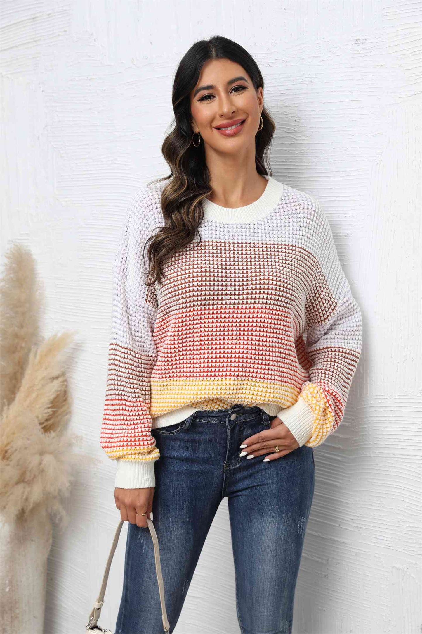 Waffle-Knit Round Neck Dropped Shoulder Color Block Sweater - Deals DejaVu