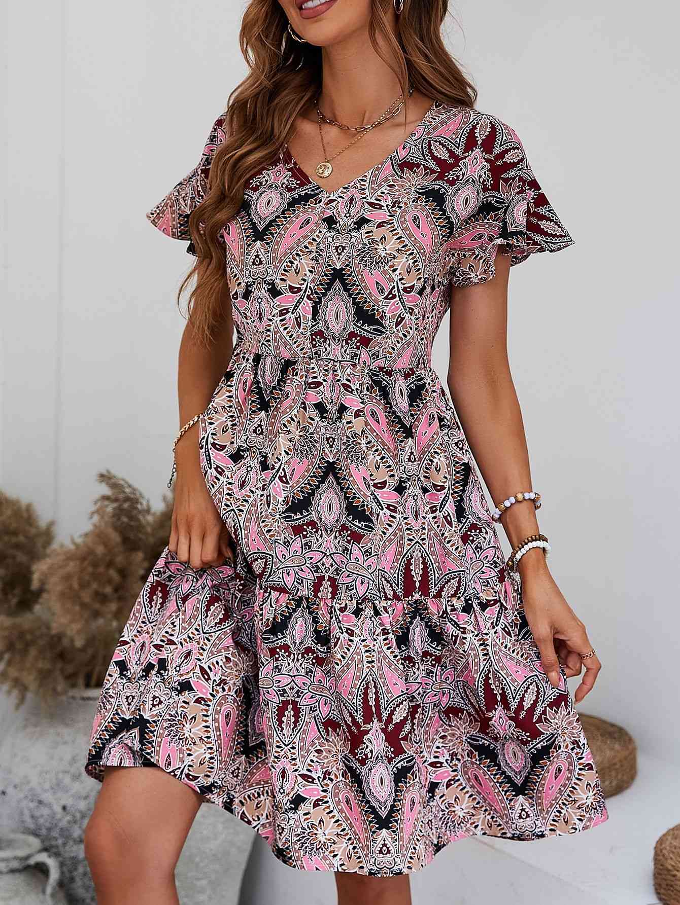 Printed V-Neck Tiered Dress (MWBT) T - Deals DejaVu