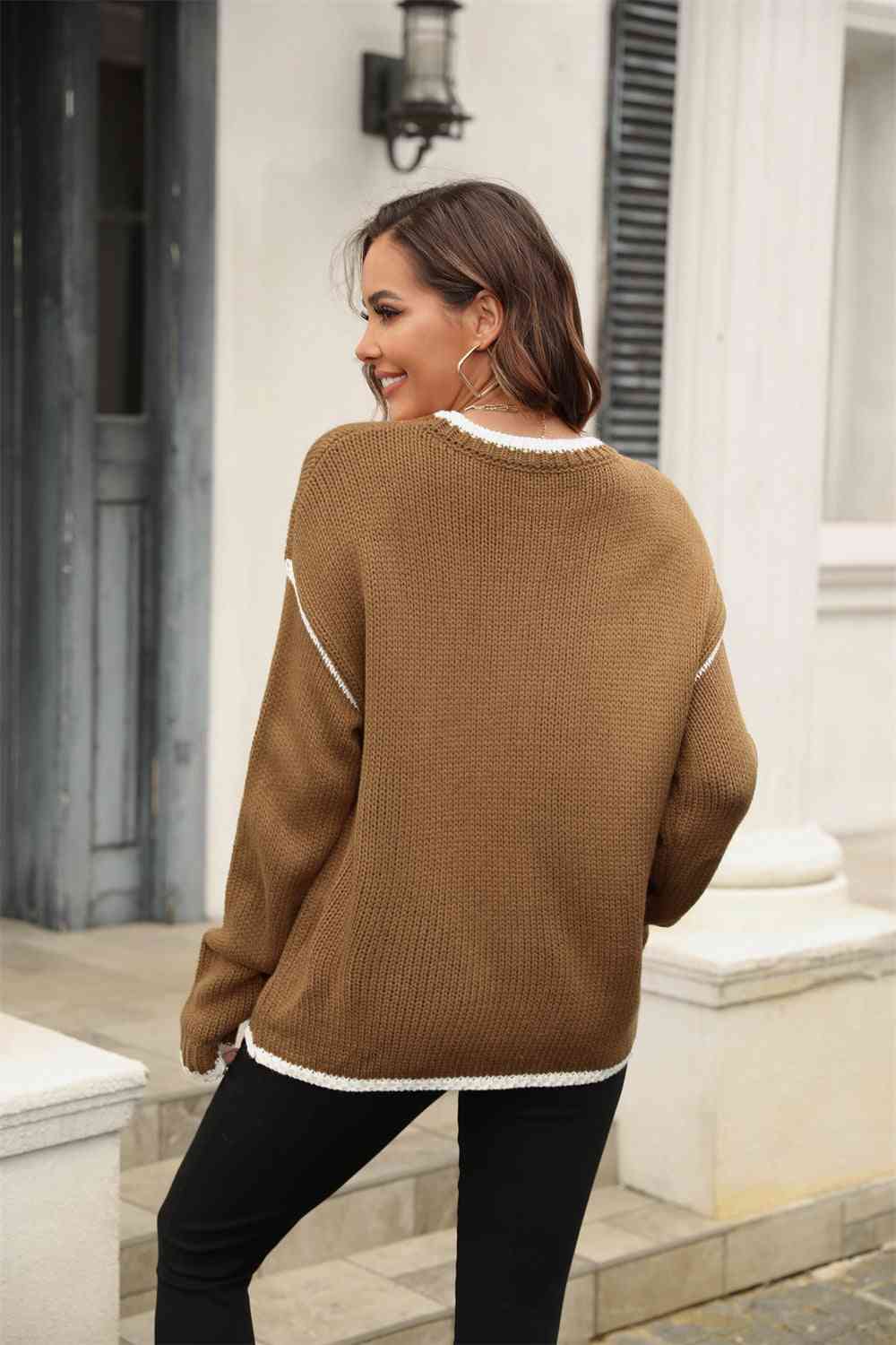 Round Neck Long Sleeve Waffle-Knit Sweater - Deals DejaVu