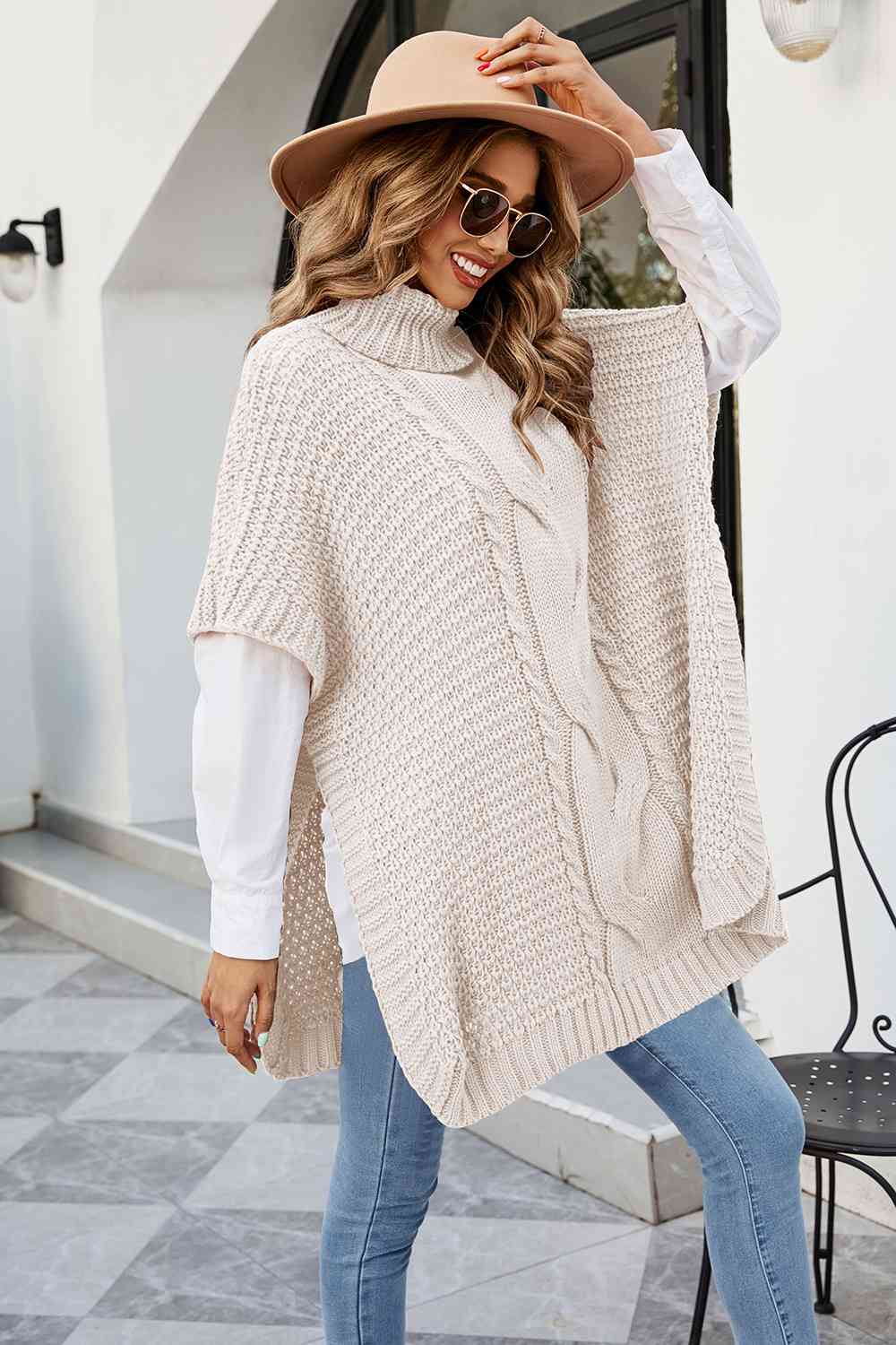 Cable-Knit Turtleneck Slit Sweater - Deals DejaVu