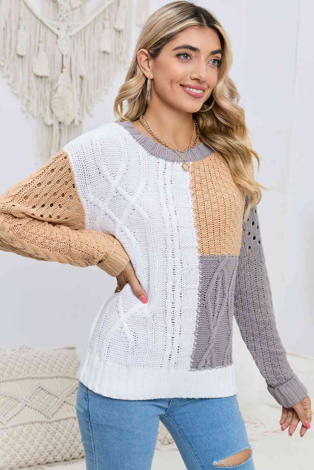 Cable-Knit Openwork Round Neck Color Block Sweater - Deals DejaVu