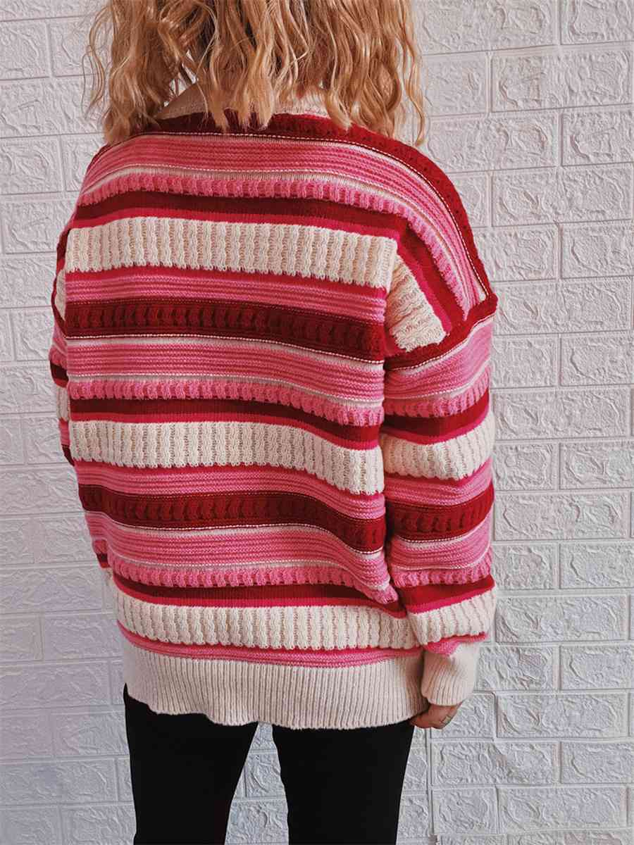 Striped Drop Shoulder Round Neck Sweater - Deals DejaVu