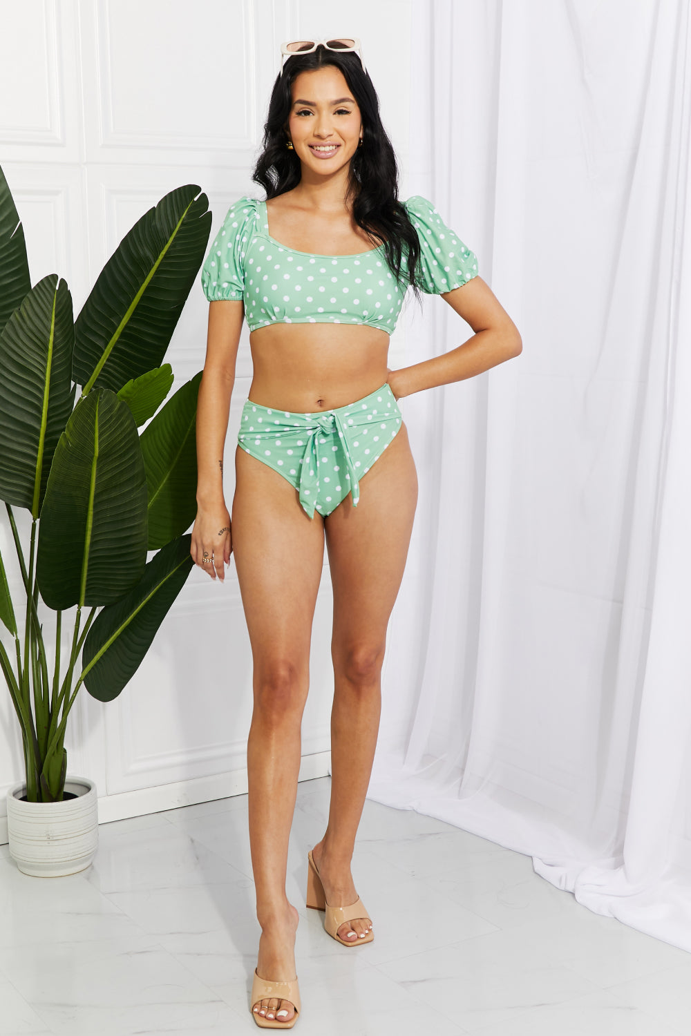 Marina West Swim Vacay Ready Puff Sleeve Bikini in Gum Leaf (TB9D) T - Deals DejaVu