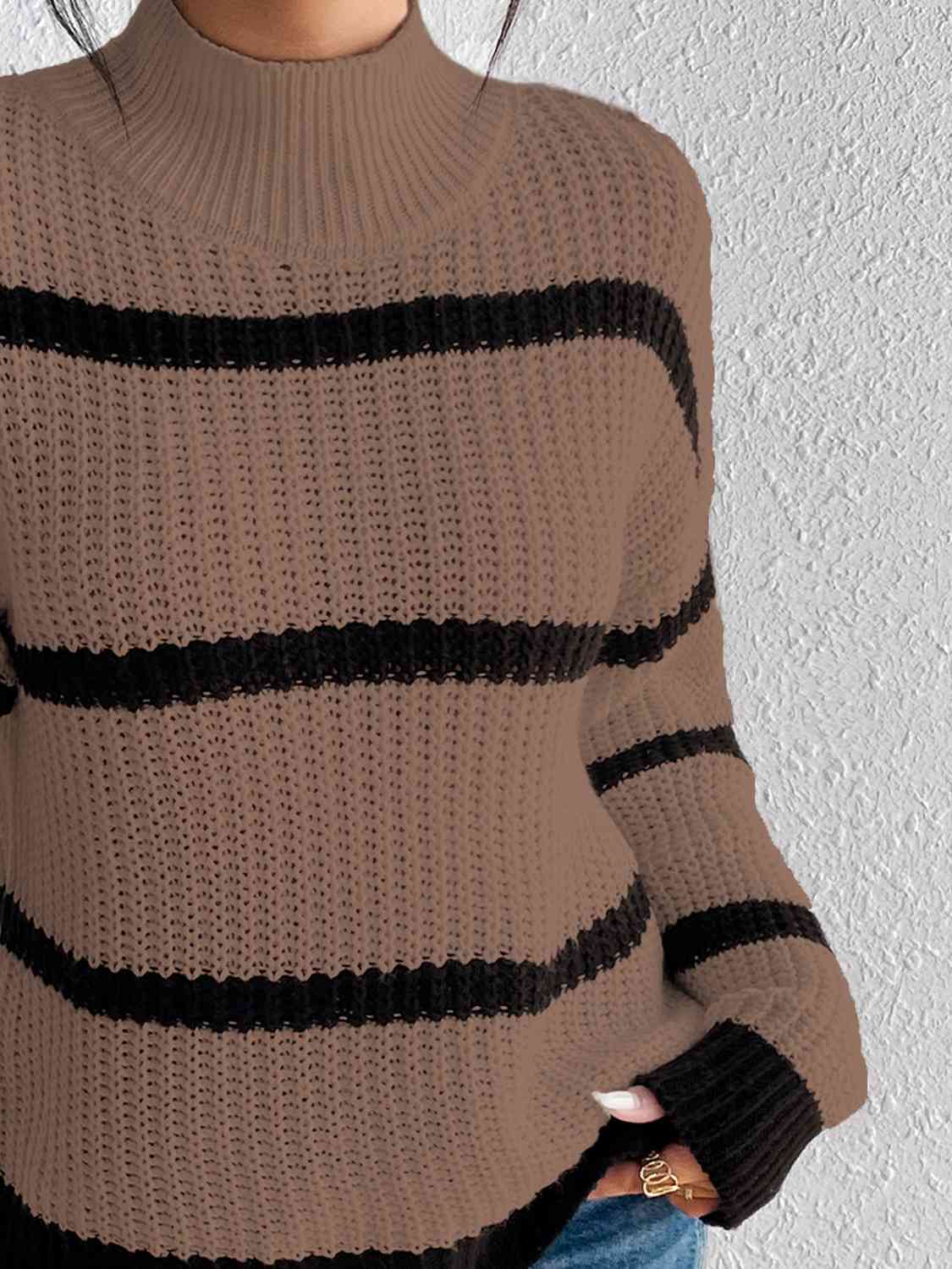 Striped Mock Neck Sweater - Deals DejaVu