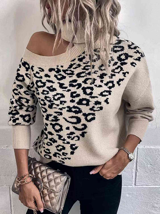 Leopard Turtleneck Cold Shoulder Long Sleeve Sweater - Deals DejaVu