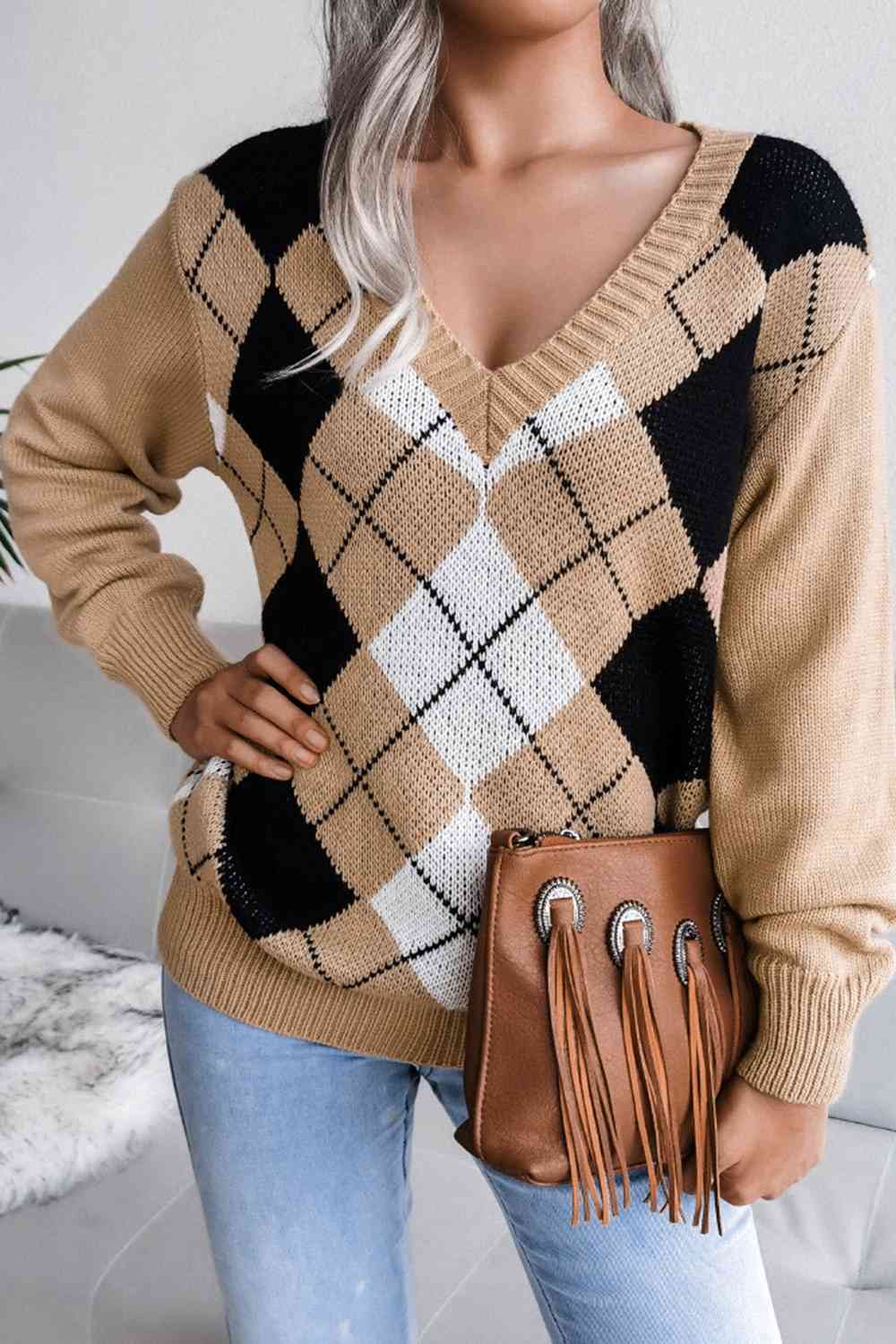 Geometric V-Neck Sweater - Deals DejaVu