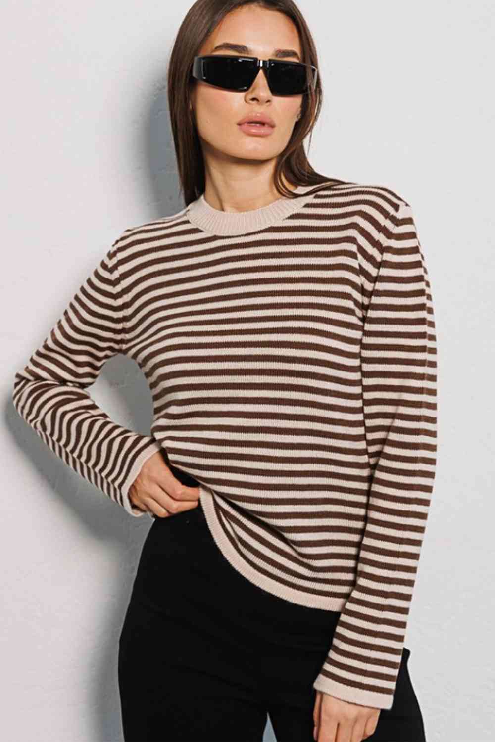 Striped Round Neck Long Sleeve Sweater - Deals DejaVu