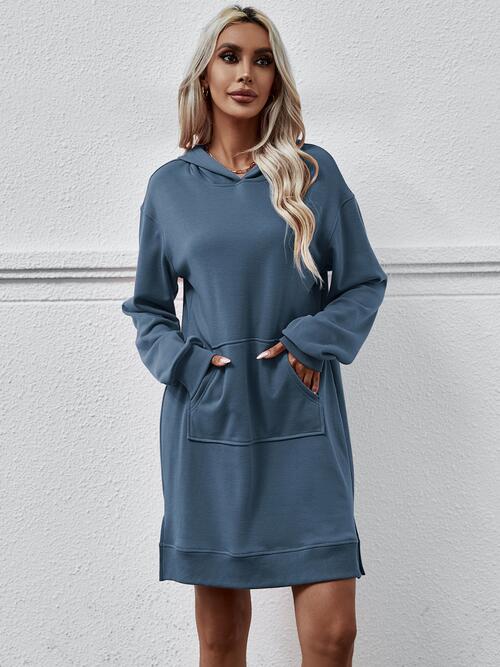 Slit Long Sleeve Hooded Dress with Pocket (MWBT) T - Deals DejaVu