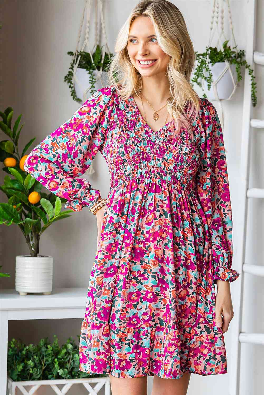 Floral Smocked V-Neck Flounce Sleeve Dress (MWBT) T - Deals DejaVu