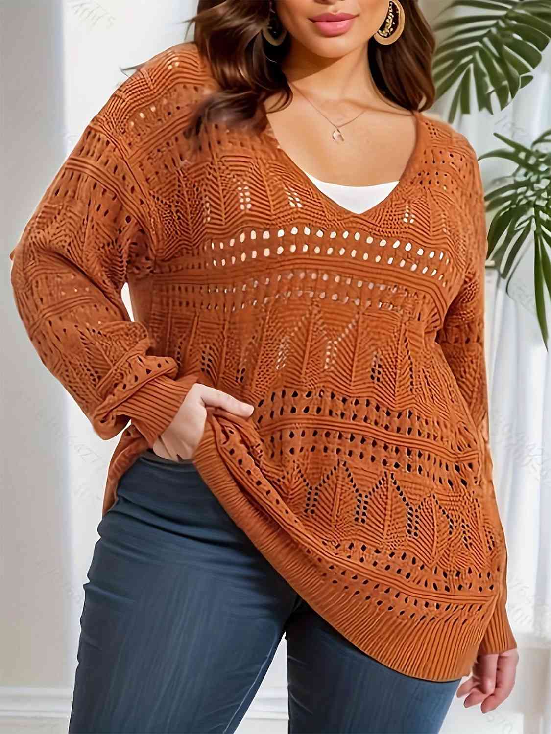 Plus Size Openwork Plunge Long Sleeve Sweater - Deals DejaVu