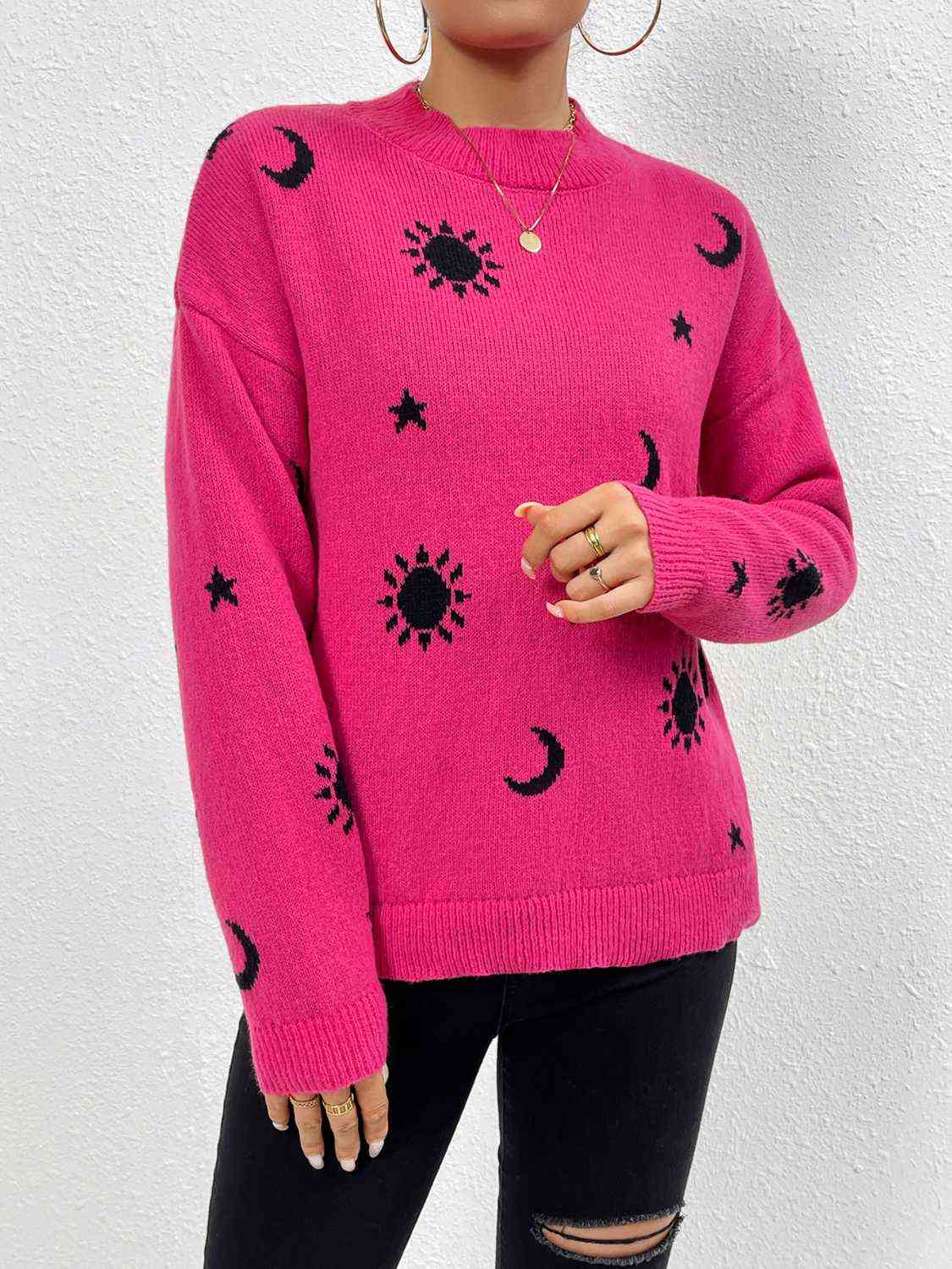 Patterned Drop Shoulder Sweater - Deals DejaVu