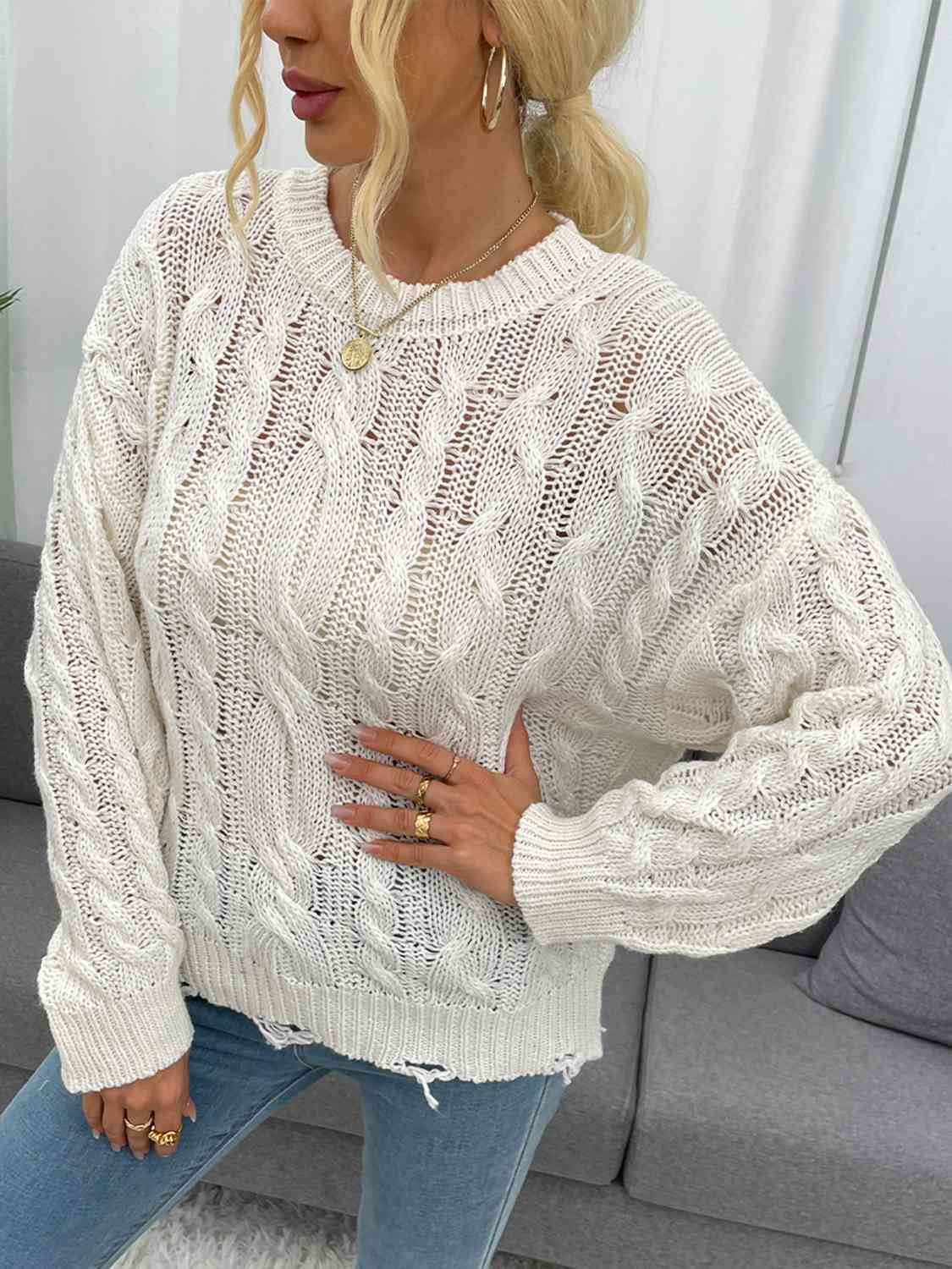 Openwork Distressed Long Sleeve Sweater - Deals DejaVu