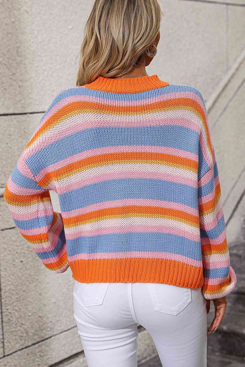 Striped Round Neck Dropped Shoulder Sweater - Deals DejaVu