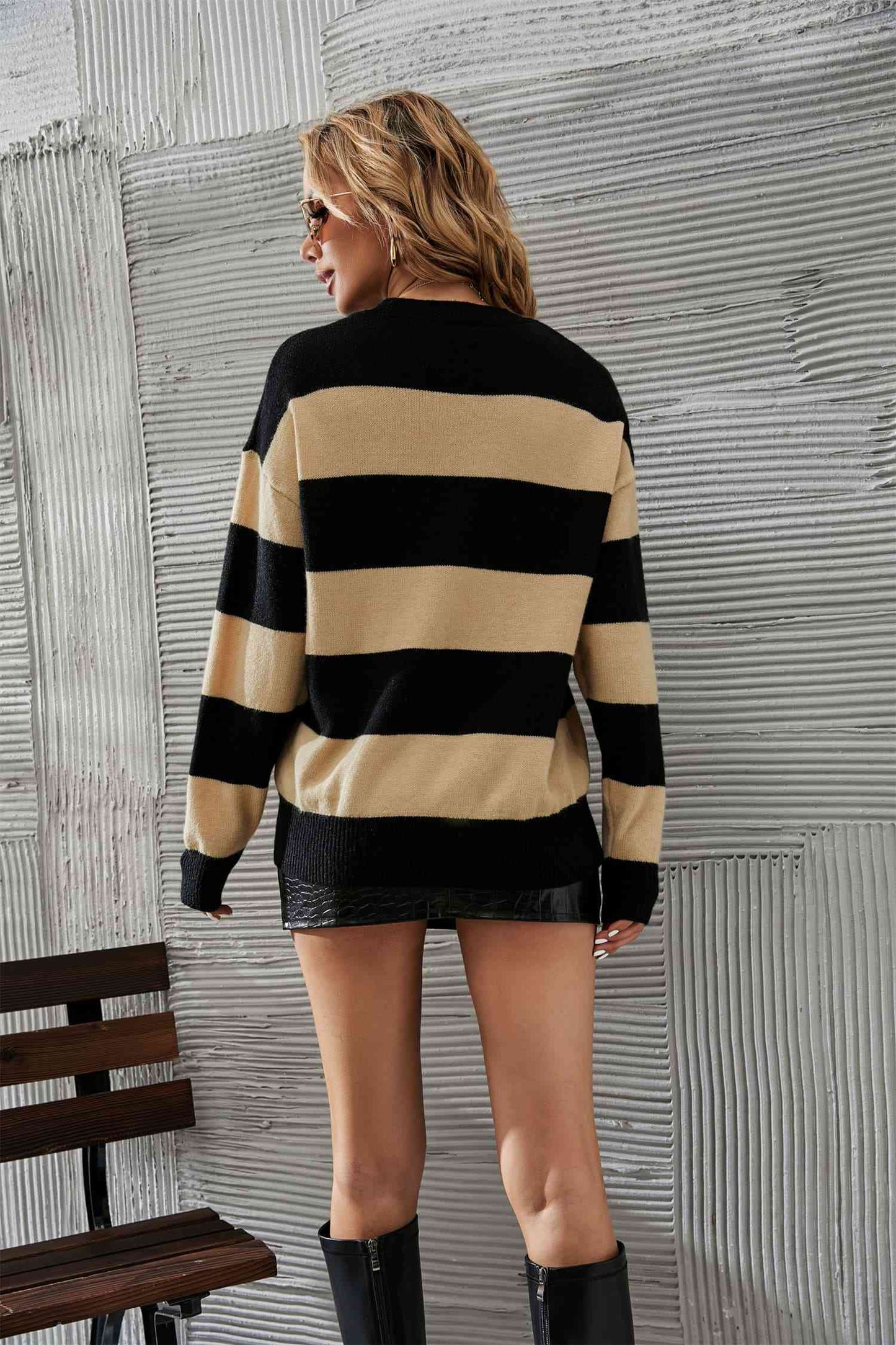 Two-Tone Round Neck Dropped Shoulder Sweater - Deals DejaVu