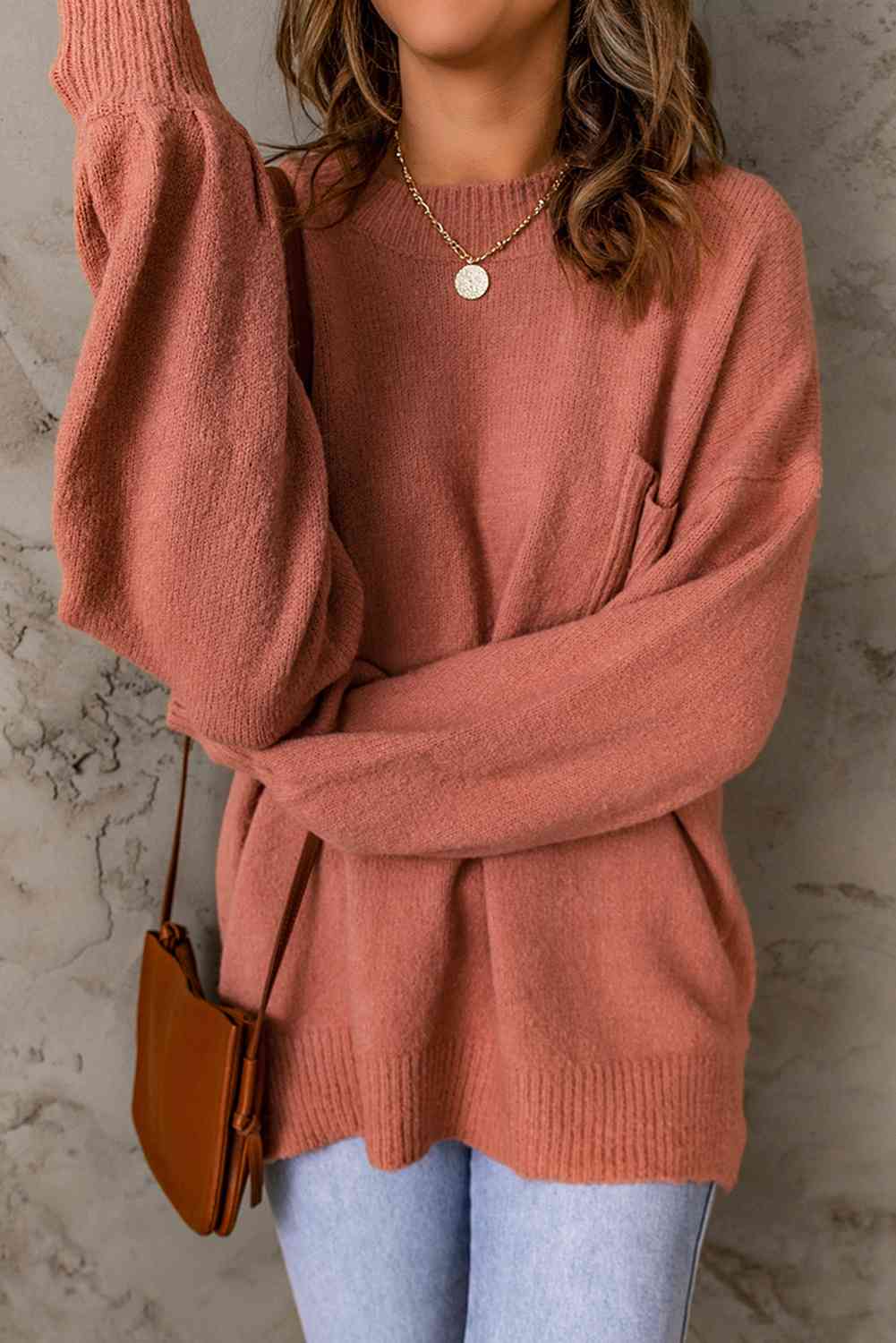 Ribbed Trim Lantern Sleeve Pocketed Sweater - Deals DejaVu