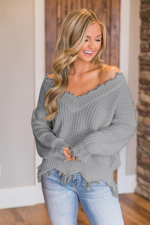 Frayed Hem Dropped Shoulder Sweater - Deals DejaVu