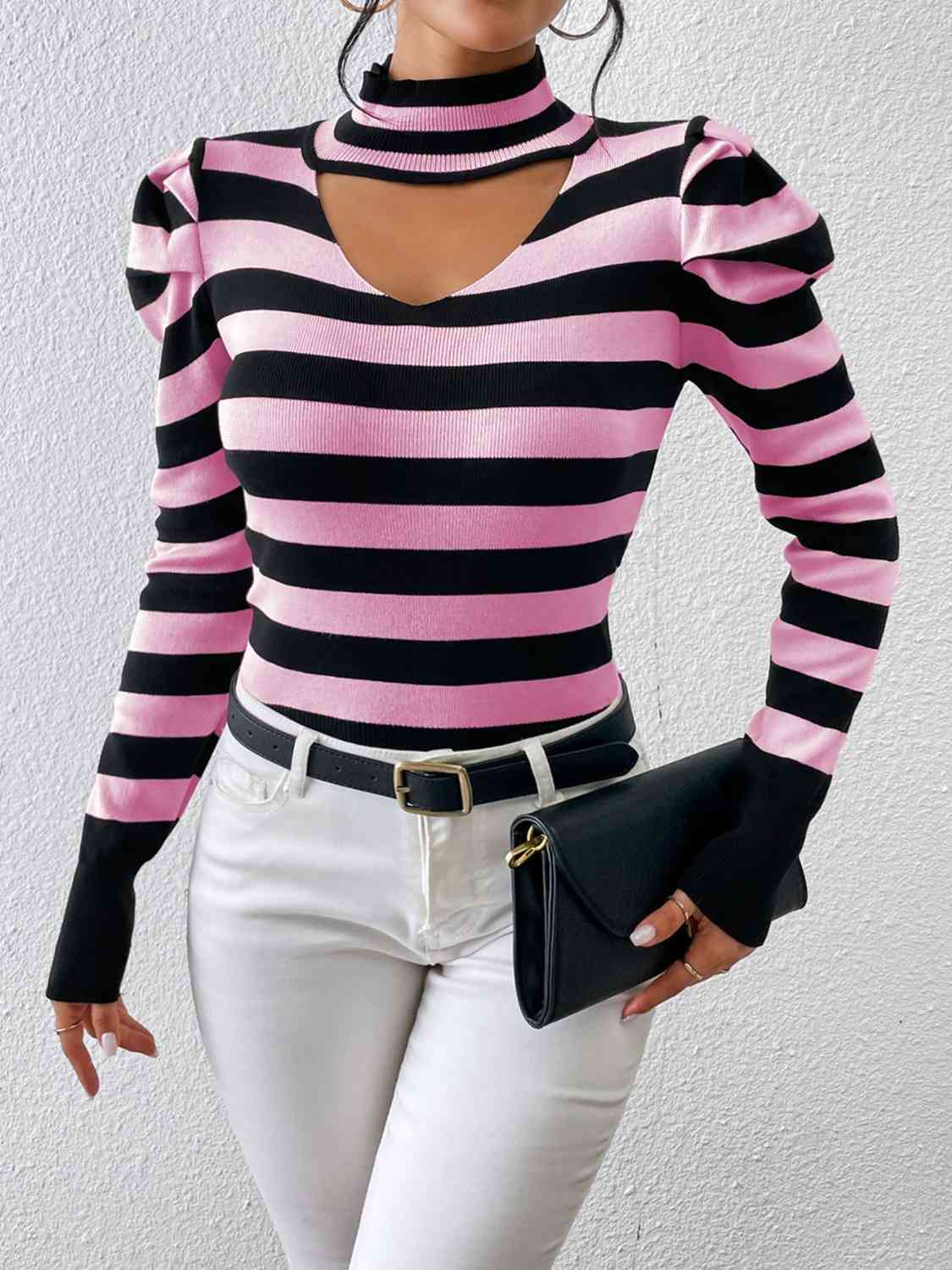 Striped Cutout Mock Neck Knit Top - Deals DejaVu