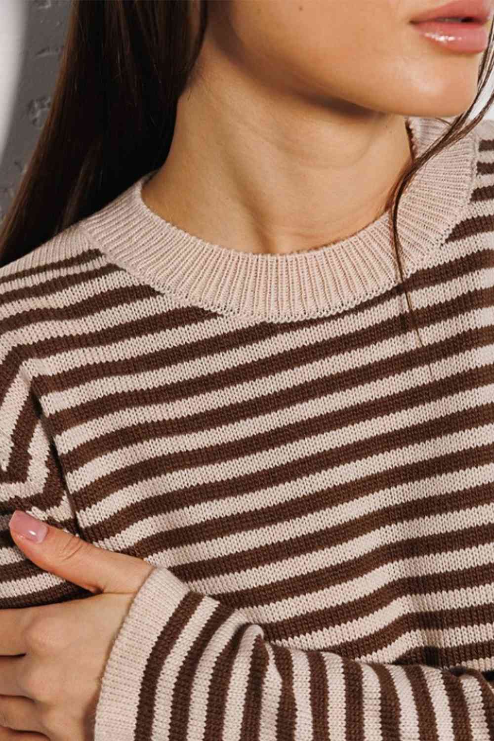 Striped Round Neck Long Sleeve Sweater - Deals DejaVu