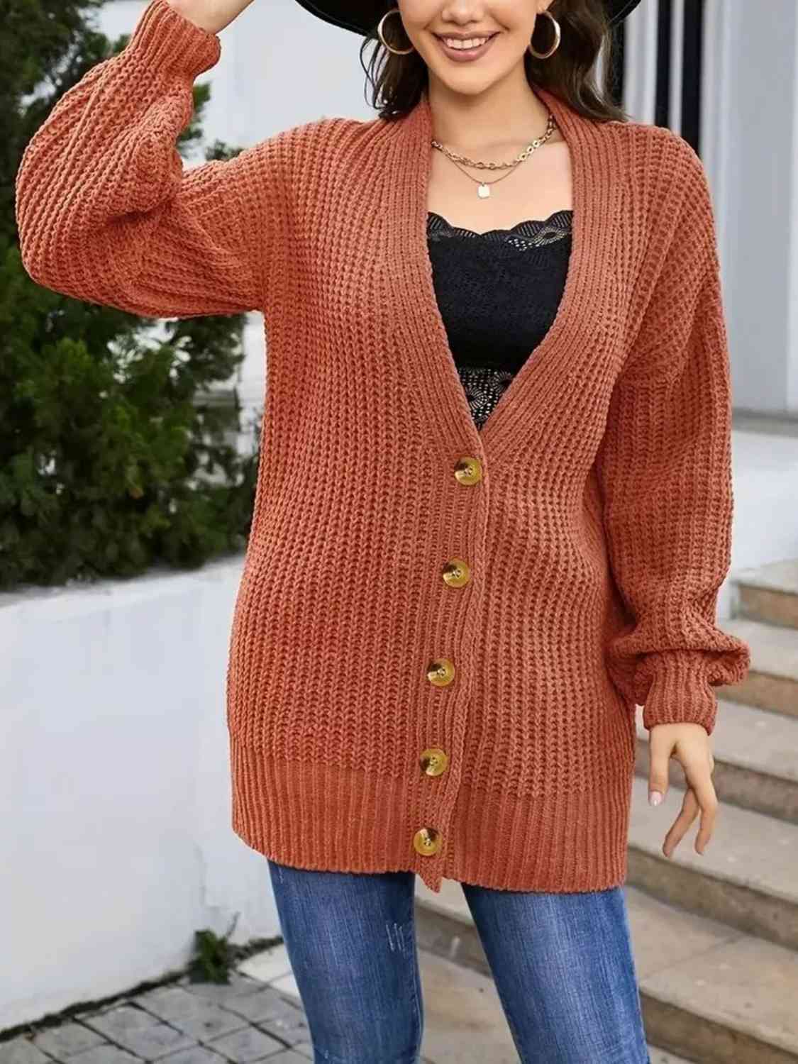 Plus Size Long Sleeve Button Front Cardigan - Deals DejaVu