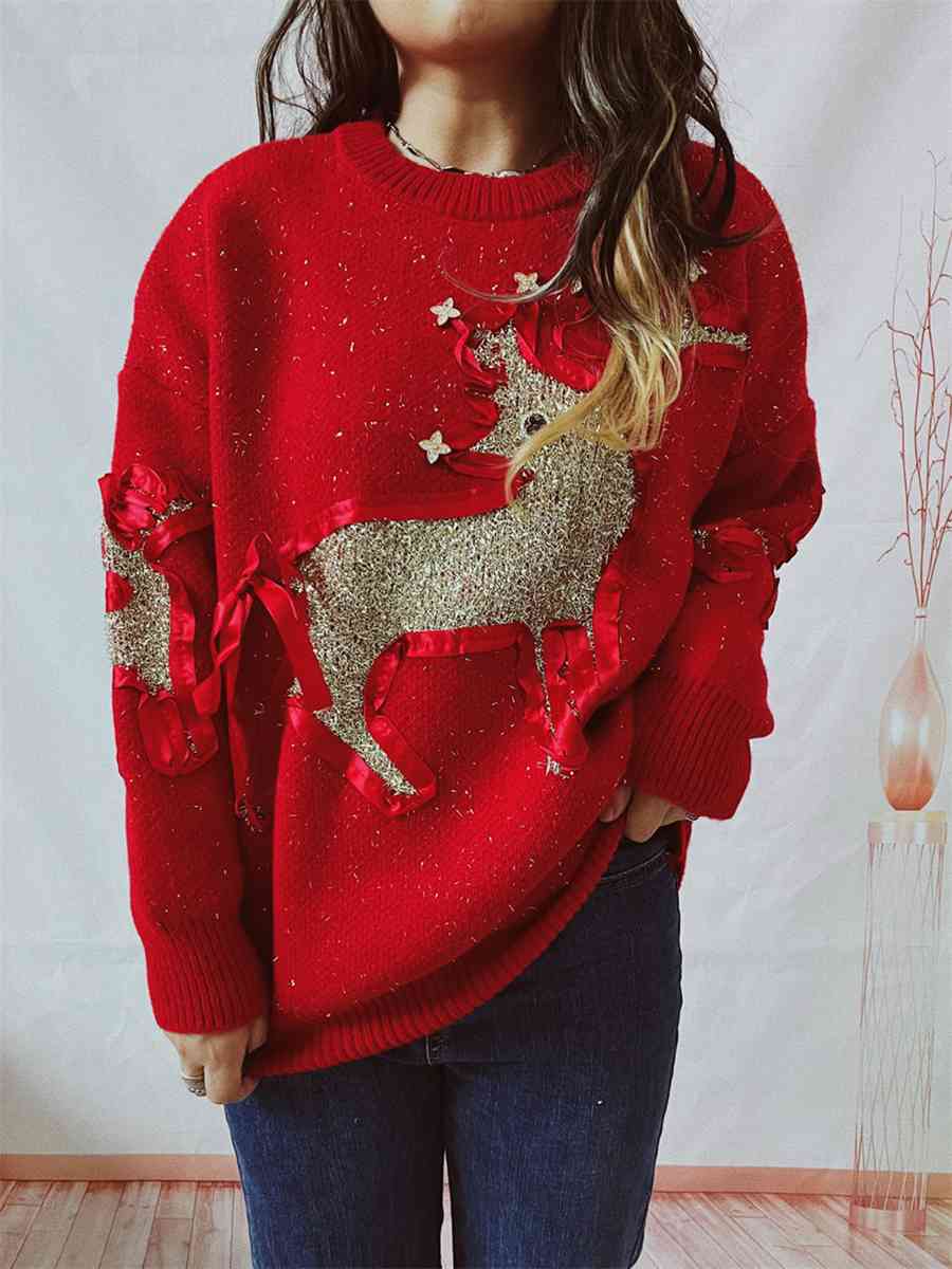 Reindeer Round Neck Long Sleeve Sweater - Deals DejaVu