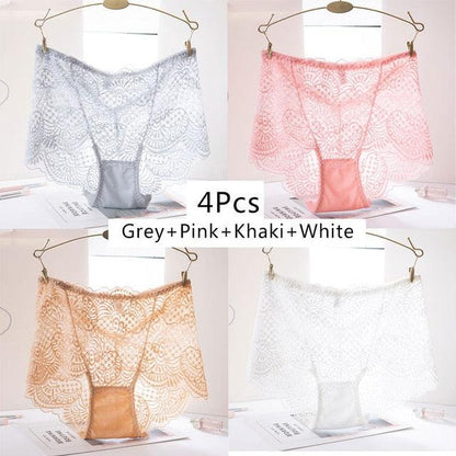 Great 4pcs Women Transparent Panties - Sexy Lace Hollow Out Underwear - High Waist Seamless Briefs (TSP2)(F28)