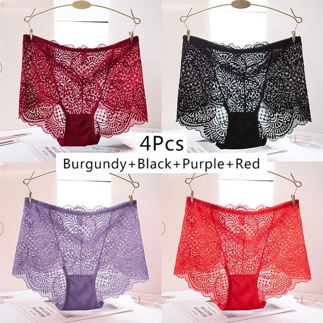 Great 4pcs Women Transparent Panties - Sexy Lace Hollow Out Underwear - High Waist Seamless Briefs (TSP2)(F28)