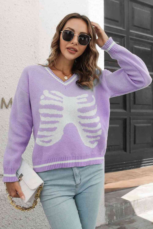 Skeleton Pattern V-Neck Long Sleeve Pullover Sweater - Deals DejaVu