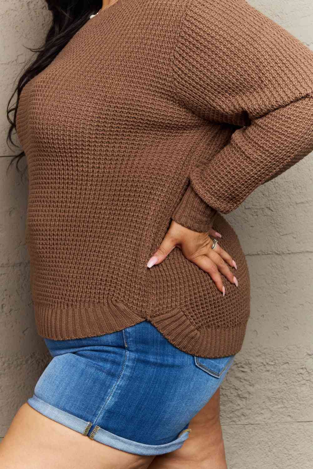 Zenana Breezy Days Plus Size High Low Waffle Knit Sweater - Deals DejaVu