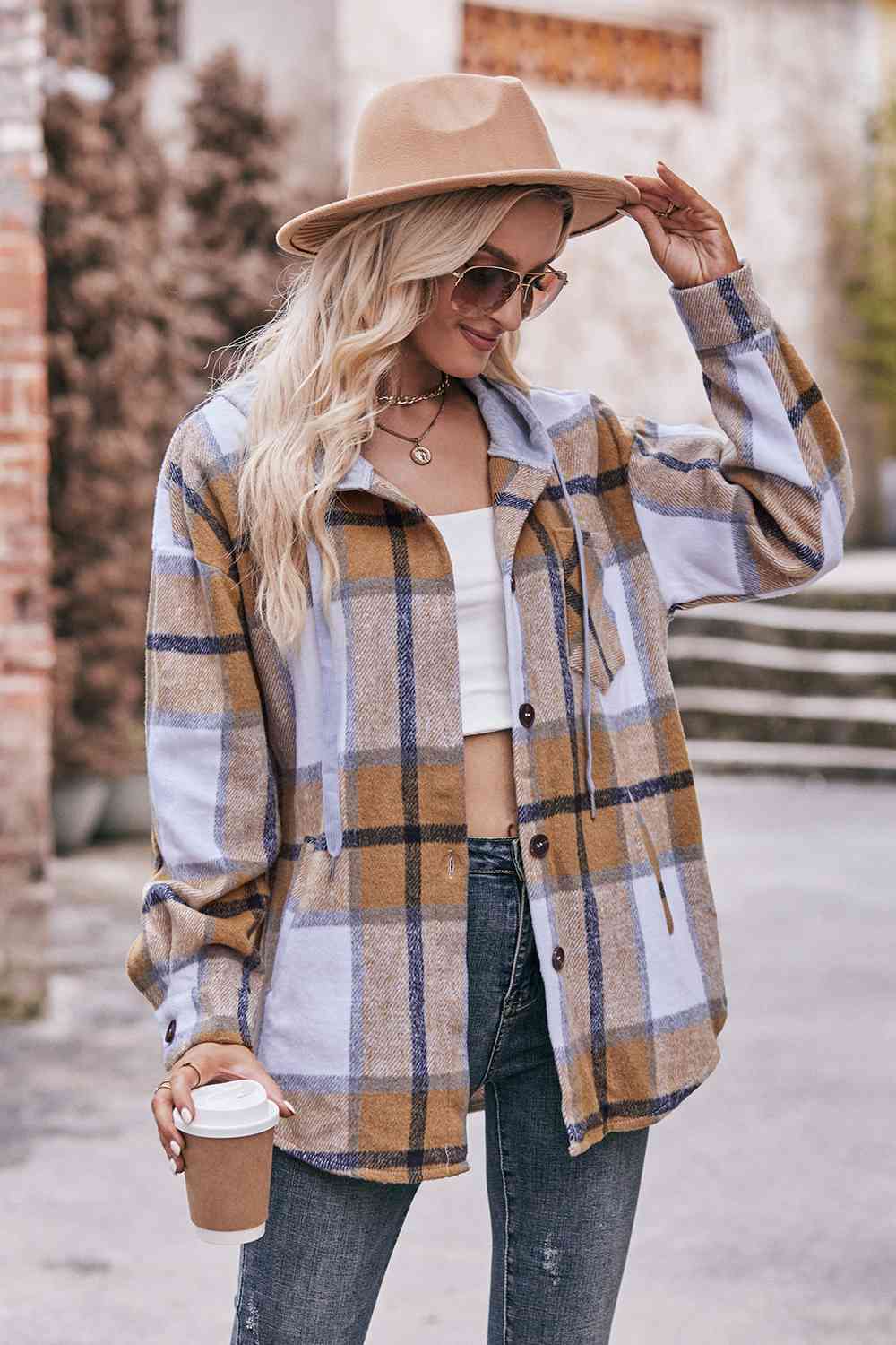 Plaid Dropped Shoulder Hooded Jacket (BFD) T - Deals DejaVu