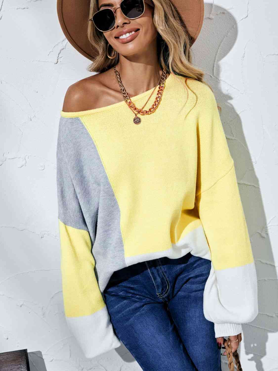 Color Block Balloon Sleeve Boat Neck Sweater - Deals DejaVu