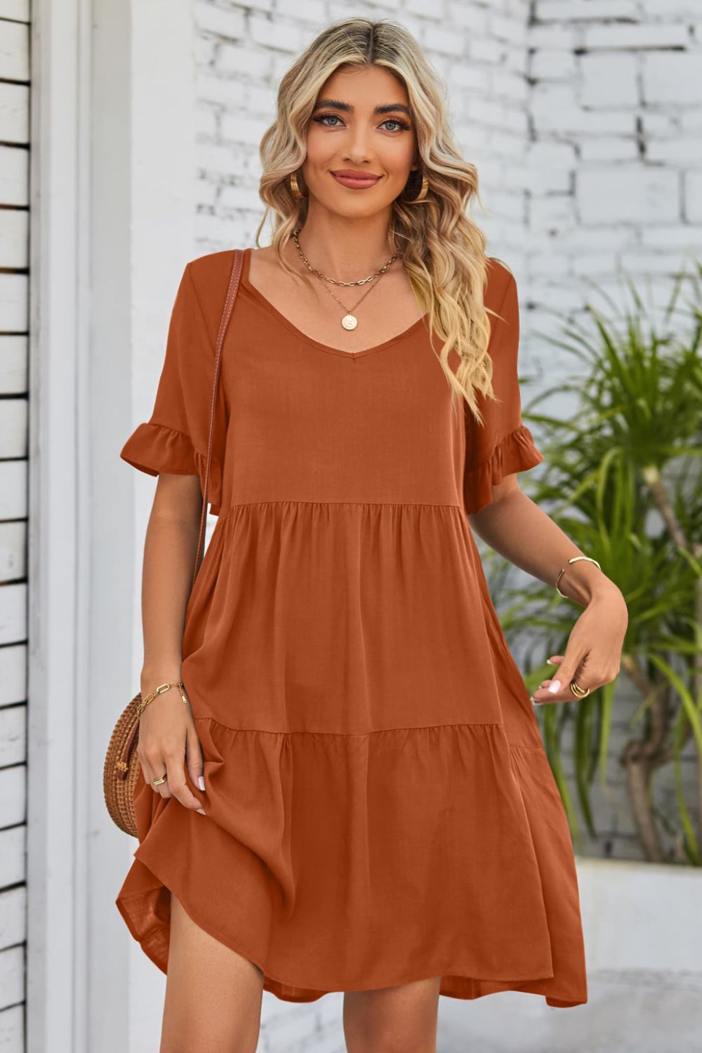 V-Neck Flounce Sleeve Tiered Dress (BWD)(WS06)T - Deals DejaVu